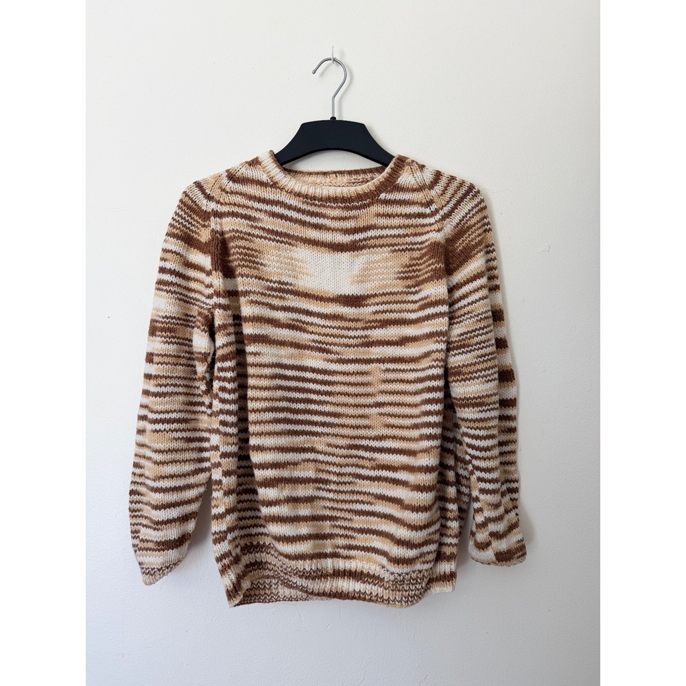 Vintage Handmade Striped Knit Sweater Brown Cream Hand Knit Raglan Womens M